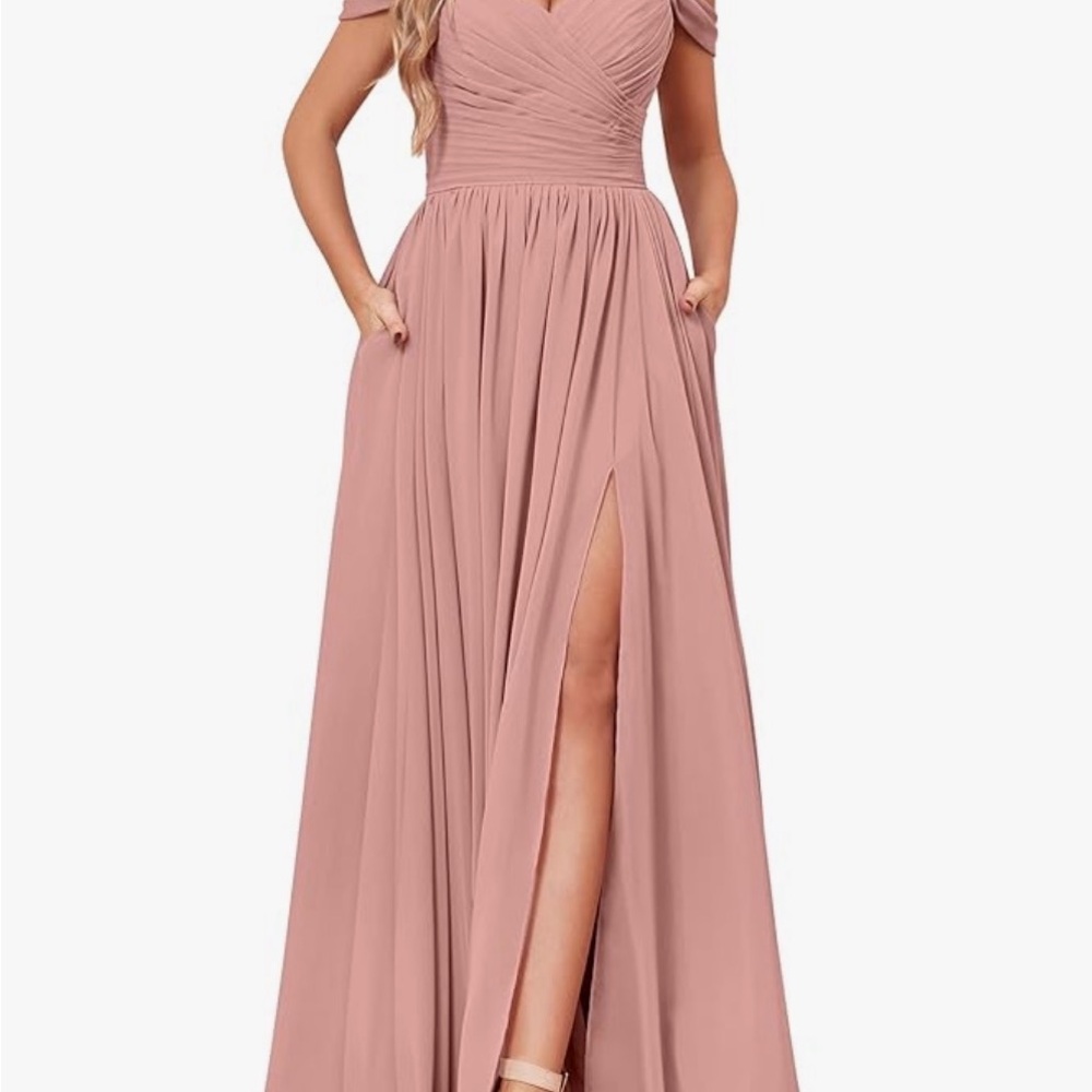 Pink Rose Dusty Rose Off-Shoulder Ruched Maxi Dress with High Slit